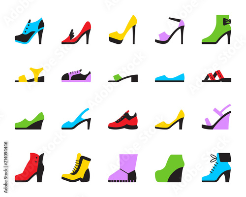Shoes simple flat color icons vector set