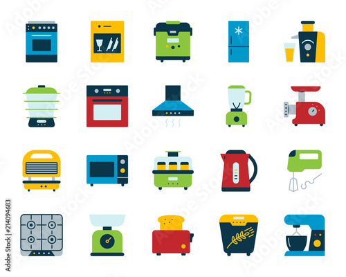 Kitchen appliance simple flat icons vector set