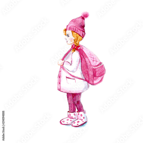 Schoolgirl. A little girl with a big pink backpack. Watercolor. Vector