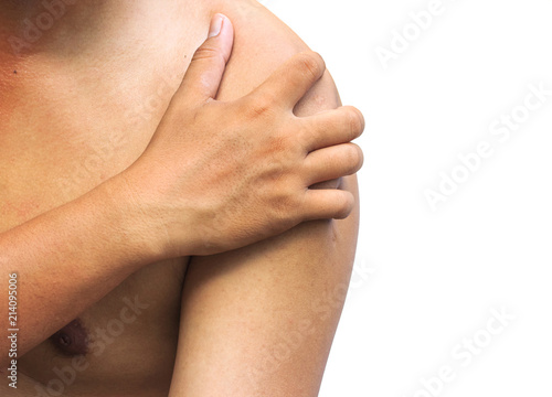 hand of man catches his shoulders with shoulder pain on white background. Health care Concepts