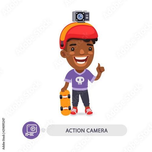 Flat Cartoon Character with Action Camera