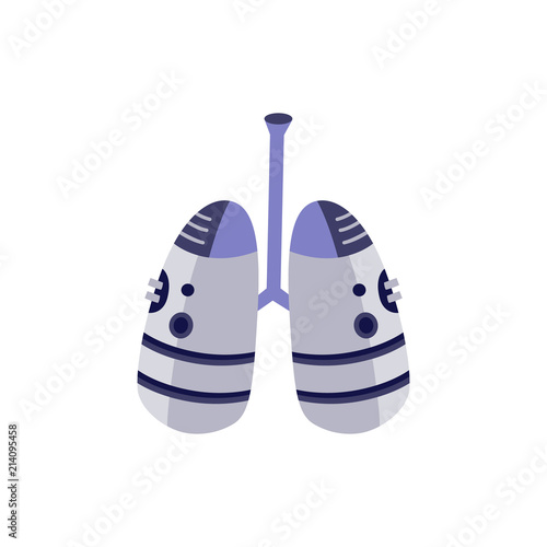 Flat futuristic lungs prosthesis icon. Mechanical bionic human body part handicap, artificial breathe organ or implant for medical surgery use. Vector isolated illustration
