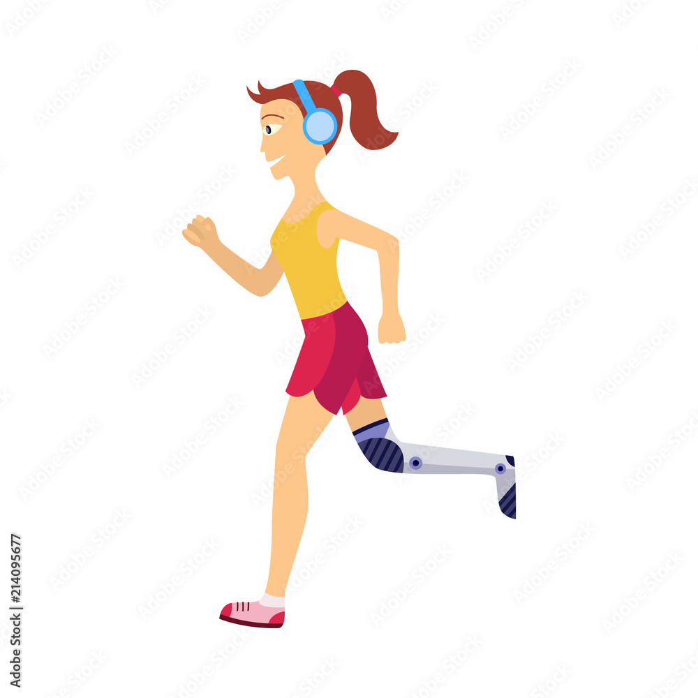 Young girl character jogging in headphones with iron robotic leg prosthesis handicap running. Bionic futuristic mechanical prosthesis concept icon. Isolated vector illustration