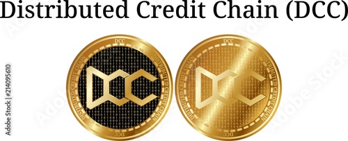 Set of physical golden coin Distributed Credit Chain (DCC), digital cryptocurrency. Distributed Credit Chain (DCC) icon set. Vector illustration isolated on white background.