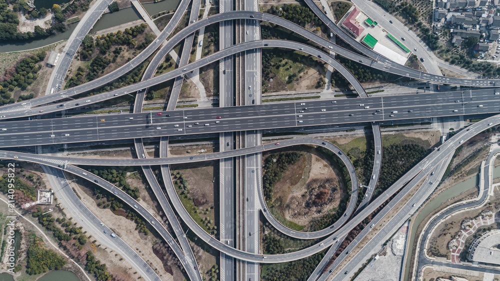 Aerial view of railway, highway and overpass on Middle Huaxia road, Shanghai