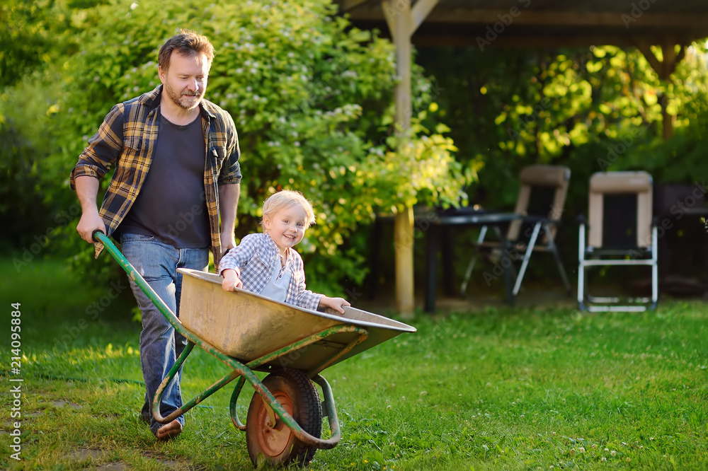 Happy little boy having fun in a wheelbarrow pushing by dad in domestic garden Happy little boy having fun in a wheelbarrow pushing by dad in domestic garden