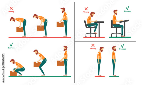 Correct, incorrect neck, spine alignment of young cartoon man character sitting at desk, lifting weight. Head bending positions, inclination of neck. Spine care concept. Vector isolated illustration
