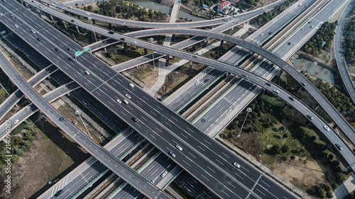 Aerial view of railway, highway and overpass on Middle Huaxia road, Shanghai