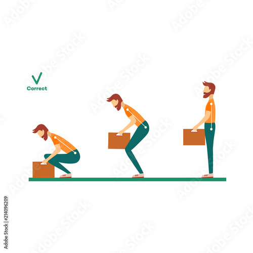 Correct neck, spine alignment of young cartoon man character lifting weight. Head bending positions, inclination of neck. Spine care concept. Vector isolated illustration