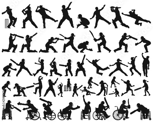 Vector silhouette collection of people children man woman and disabled playing cricket photo
