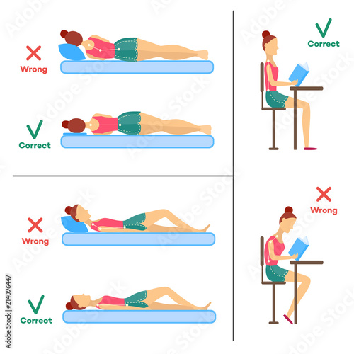 Correct and incorrect neck and spine alignment of young cartoon woman character sitting at desk writing, sleeping. Head bending positions, inclination of neck. Spine care concept. Vector illustration