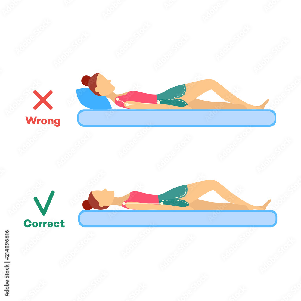 Incorrect and correct neck, spine alignment, curvature of young cartoon woman sleeping with back
