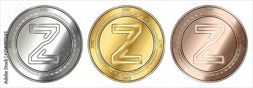 Gold, silver and bronze ZINC (ZINC) cryptocurrency coin.  coin set.