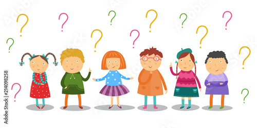 Little kids look thoughtfully and stand under lot of question marks set isolated on white background. Flat cartoon curiously school age children having questions and ideas. Vector illustration.