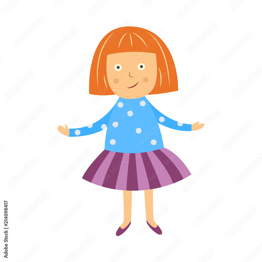 Cute little girl spreads her hands in misunderstanding isolated on white background. Flat cartoon child character having question with open hands gesture, vector illustration. Cute little girl spreads her hands in misunderstanding isolated on white background. Flat cartoon child character having question with open hands gesture, vector illustration.