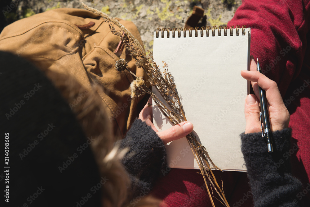 Girl painter draws a pencil in a notebook on nature in the mountains. Free creativity and freelancing