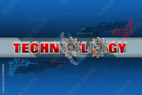 Abstract, design background with 3d text, electronic circuits and gear wheels with microchip, hammer and wrench attached for the technology category