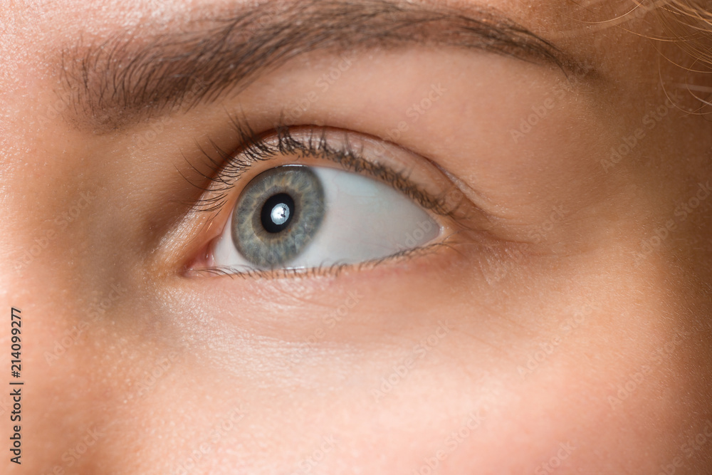 The close up eye on face of young beautiful caucasian girl The close up eye on face of young beautiful caucasian girl
