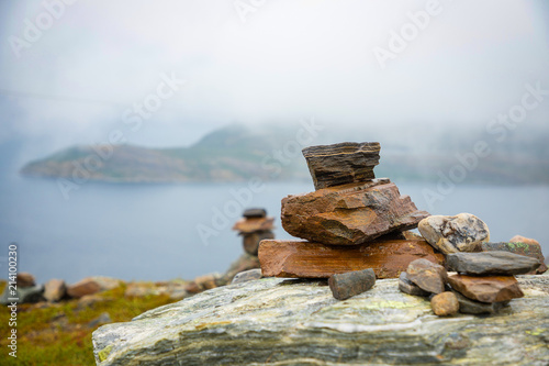 Pyramid Of Rocks Stones on mountain background, Norway Nature