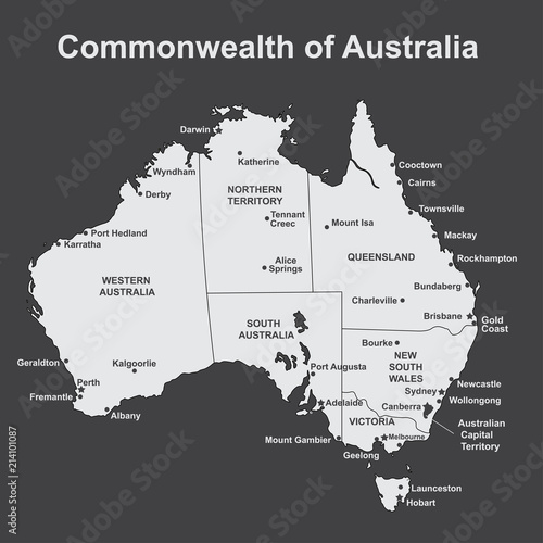 Map of Australia with major Towns and Cities, vector illustration.