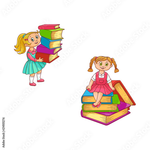 Schoolgirls with books set of little kids holding in hands and sitting on stack of classbooks - colorful back to school concept. Hand drawn cartoon characters of pupils. Vector illustration. photo