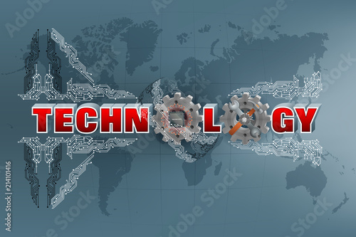 Abstract, design background with 3d text, electronic circuits and gear wheels with microchip, hammer and wrench attached for the technology category 