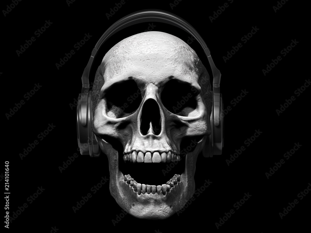skull with headphones isolated in black background 3d illustration skull with headphones isolated in black background 3d illustration