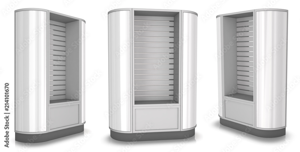 Cabinet open for retail with semi-circular side panels. Set of 3d illustrations Cabinet open for retail with semi-circular side panels. Set of 3d illustrations