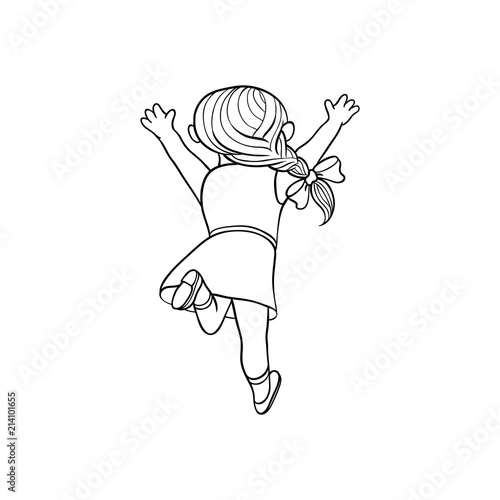 Girl in summer dress running looking back. Ranaway kid icon. Sketch teen female character with bow in pigtail, child running with afraid face back view. Isolated monochrome vector illustration