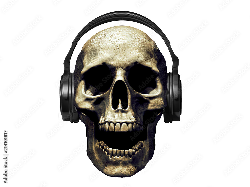 skull with headphones isolated in black background 3d illustration skull with headphones isolated in black background 3d illustration