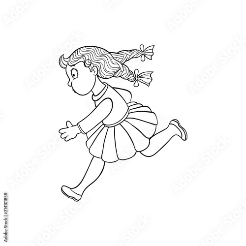 Girl in summer clothing, skirt running looking back. Ranaway kid icon. Sketch teen female character with bow in pigtails, child running afraid face side view. Isolated monochrome vector illustration