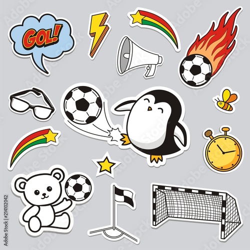 Set of Soccer cartoon stickers. Cute patches, pins, badges series. 