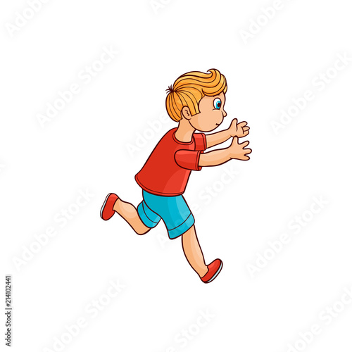 Boy in summer clothing, denim shorts, tshirt running looking back. Ranaway kid icon. Sketch teen male redhead character, child running with afraid face side view. Isolated vector illustration