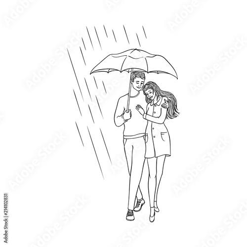 Vector sketch cartoon young couple woman, cute girl coat man walking holding umbrella under rain smiling hugging. Female character rainy autumn weather Isolated background monochrome illustration