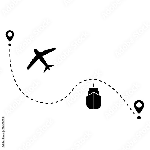 Airplane and  ship  line path vector icon. Airplane vector icon. Ship vector icon. Fast delivery around the world.