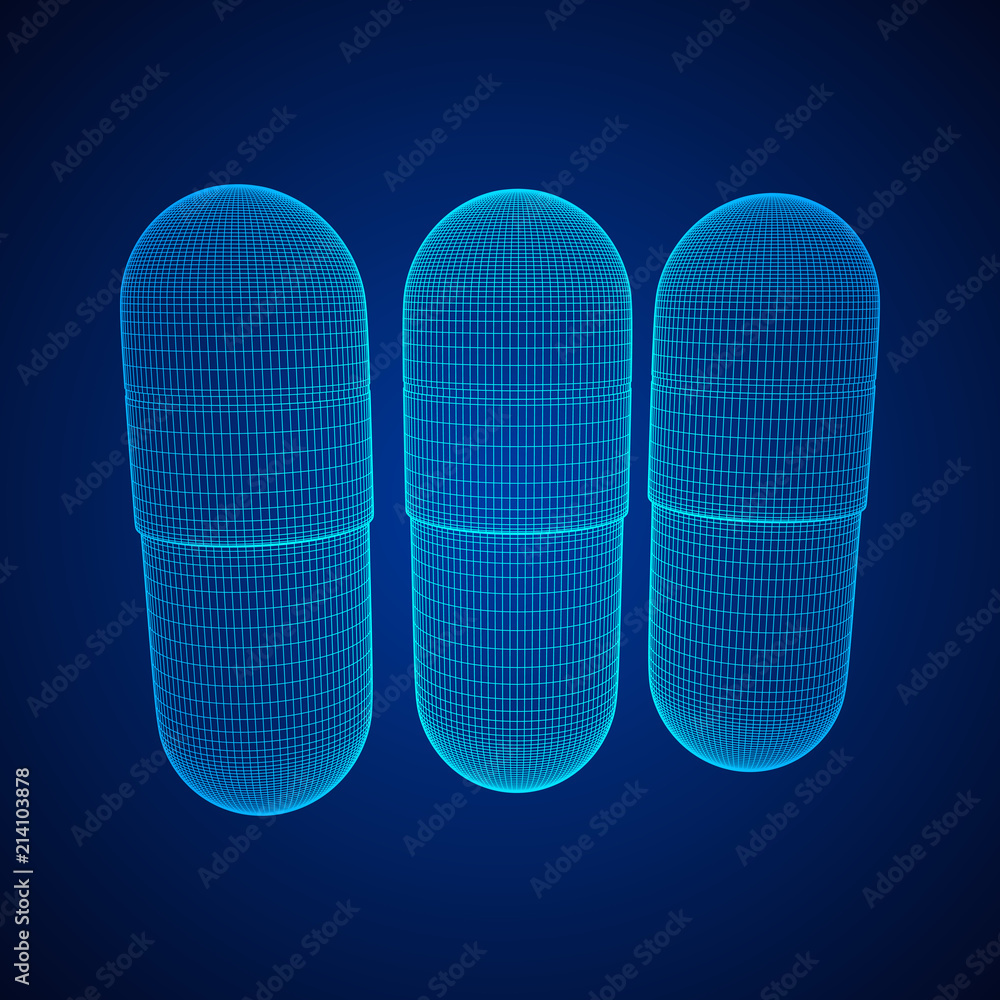Medical capsule pill wireframe low poly mesh object. Vector illustration Medical capsule pill wireframe low poly mesh object. Vector illustration