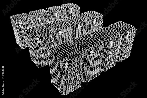 Hardware equipment telecommunication server. Data center storage room object. Computer database tower. Internet industry cluster. Wireframe low poly mesh vector illustration