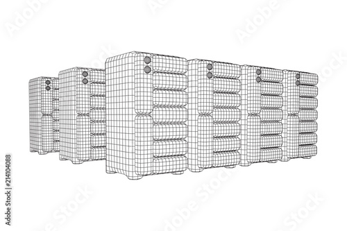 Hardware equipment telecommunication server. Data center storage room object. Computer database tower. Internet industry cluster. Wireframe low poly mesh vector illustration