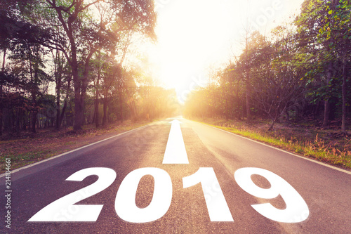 Empty asphalt road and New year 2019 concept. Driving on an empty road to Goals 2019.