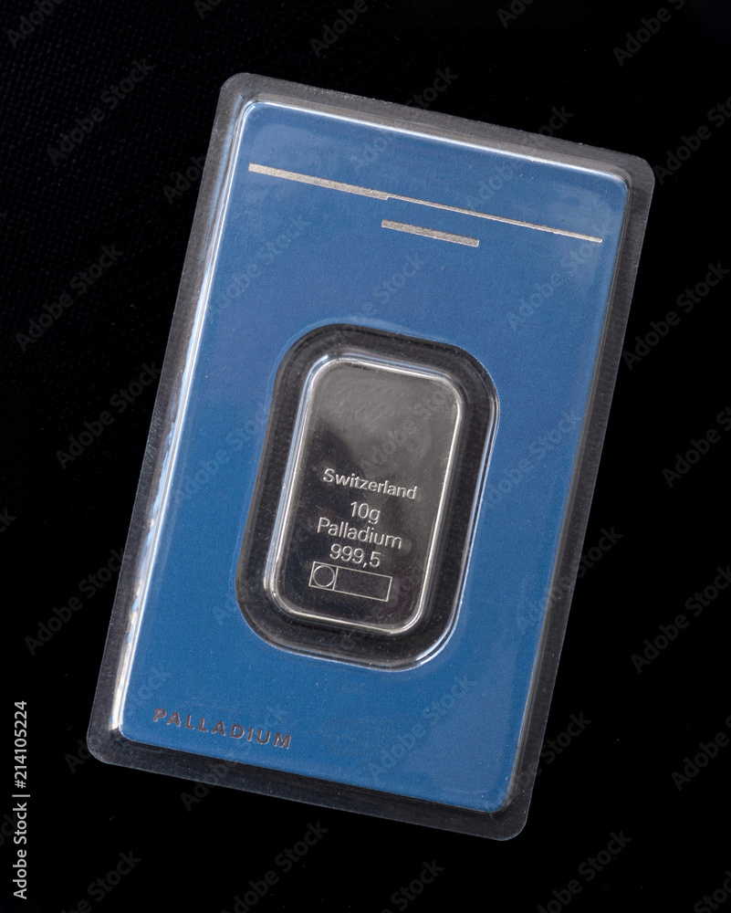 Minted bar of palladium weighing 10 grams sealed in tamper-proof packaging. Palladium  ingot in blister package. Stock Photo | Adobe Stock