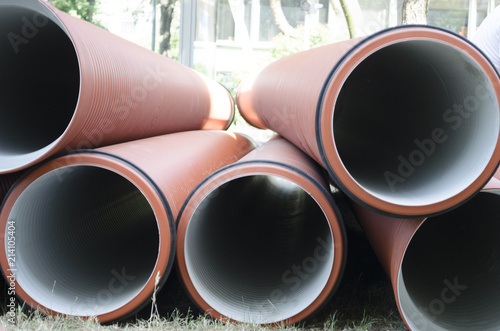 An image of plumbing tubes - stack. Plumbing tubes close-up.Plastic sewage corrugated flexible pipes © Oksana