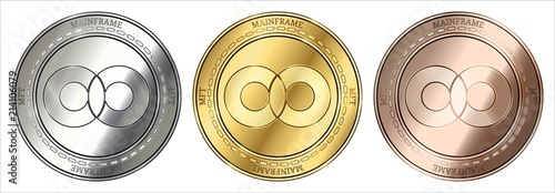 Gold, silver and bronze Mainframe (MFT) cryptocurrency coin.  coin set.