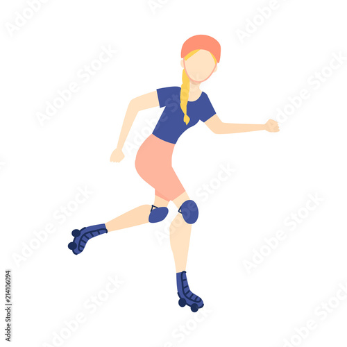 Vector flat girl woman roller skating in protective equipment, helmet. Active lifestyle female character, having fun doing sport. Isolated illustration, white background.