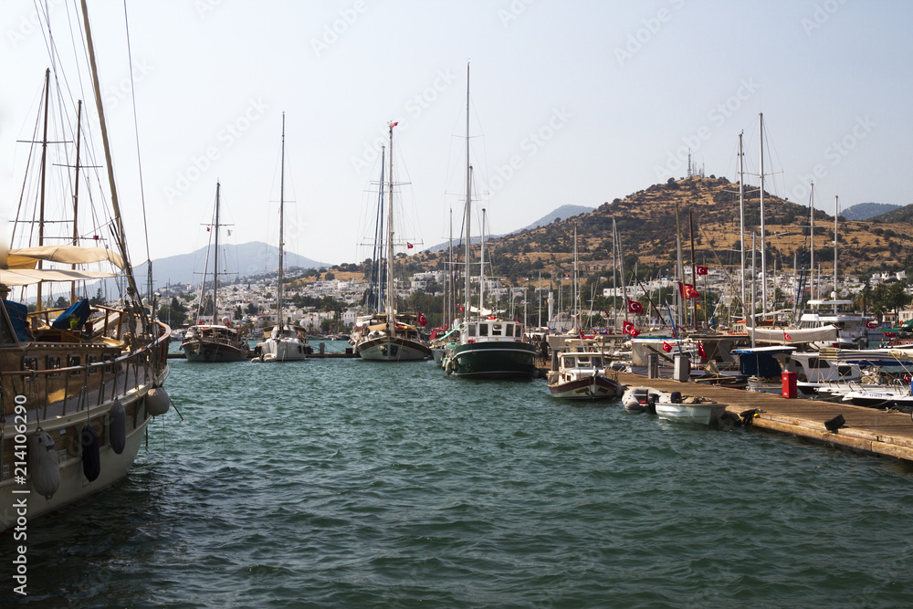 Bodrum, view from Mugla, Turkey. Port with sailing boats