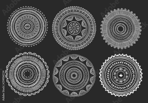 Bundle of decorative oriental elements. Boho style. Hand drawn ink mandalas. 