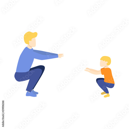 Vector flat young kid boy and adult man in athletic clothing doing squat, quadriceps muscle workout exercises. Active lifestyle male character doing sport. Isolated background illustration