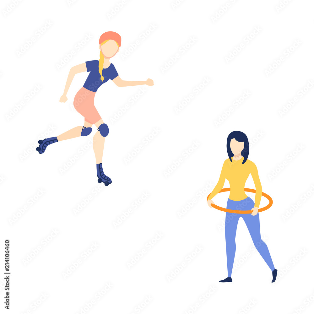 Vector flat girl woman roller skating in protective equipment, helmet, another hula hooping. Active lifestyle female character, having fun doing sport. Isolated illustration, white background.