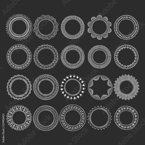 Set of round decorative frames. Oriental vintage design. Vector isolated elements.