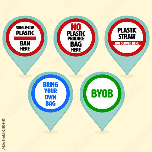 Set of plastic pollution awareness sign in shape of location symbol as a gimmick to specify the place. Stop plastic pollution concept. Vector illustration. photo