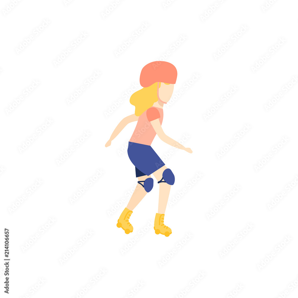 Vector flat girl teen kid, child roller skating in protective equipment, helmet. Active lifestyle female character, having fun doing sport. Isolated illustration, white background.